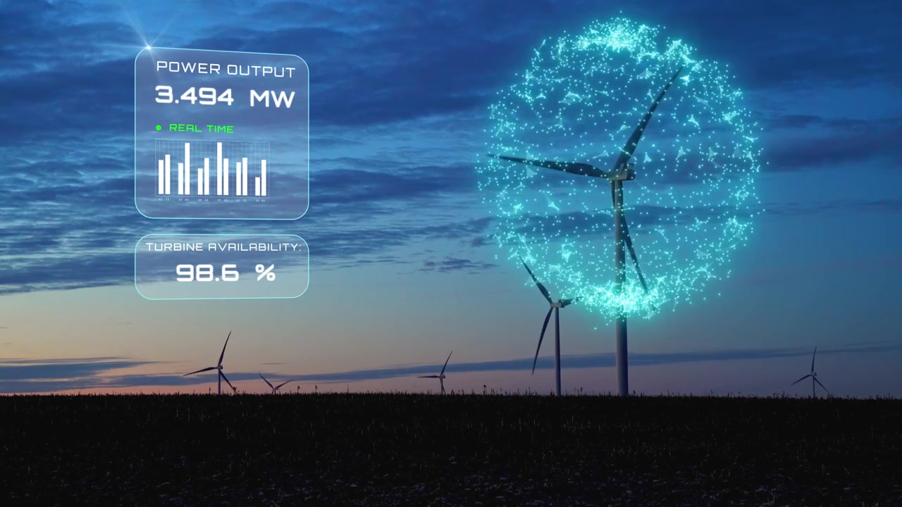 AI Smart green energy concept showing real time wind farm telemetry data at dusk