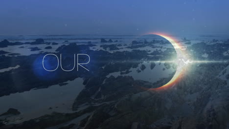 solar eclipse 3d render being visualized on rocky seashore, with glowing crescent lens flare