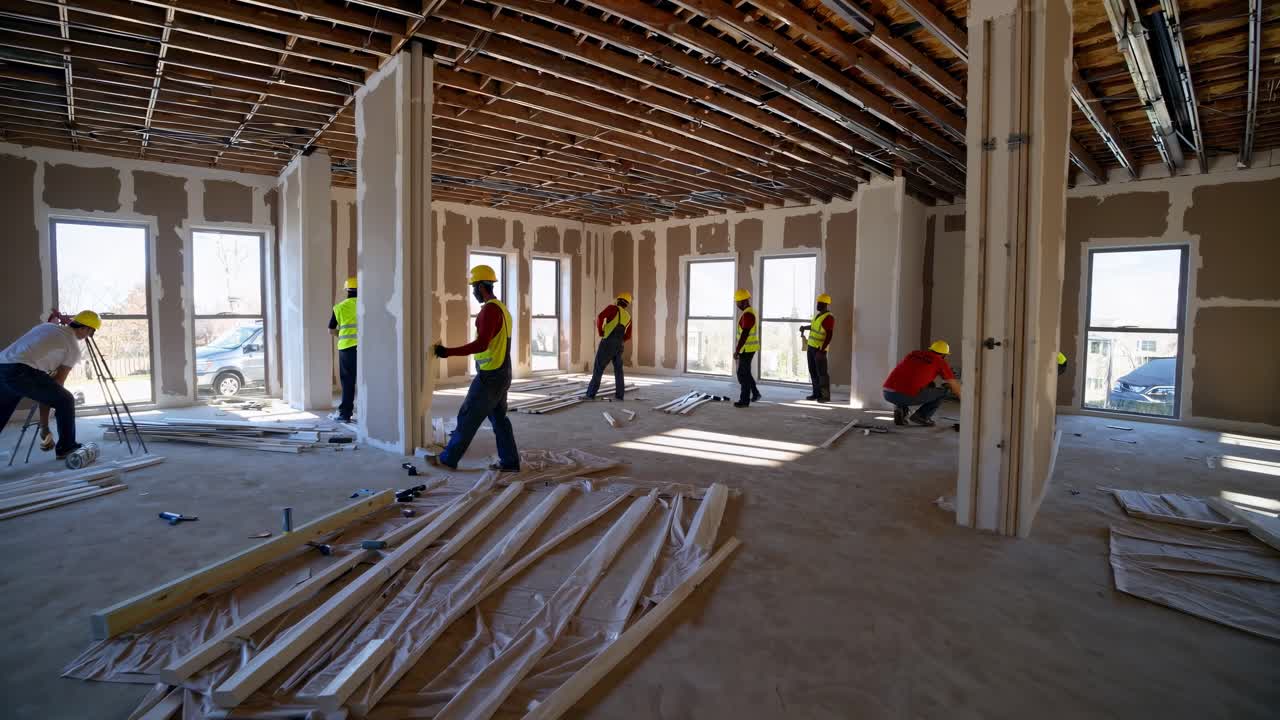 Wide-angle shot of construction workers in a partially built room, showcasing teamwork and progress