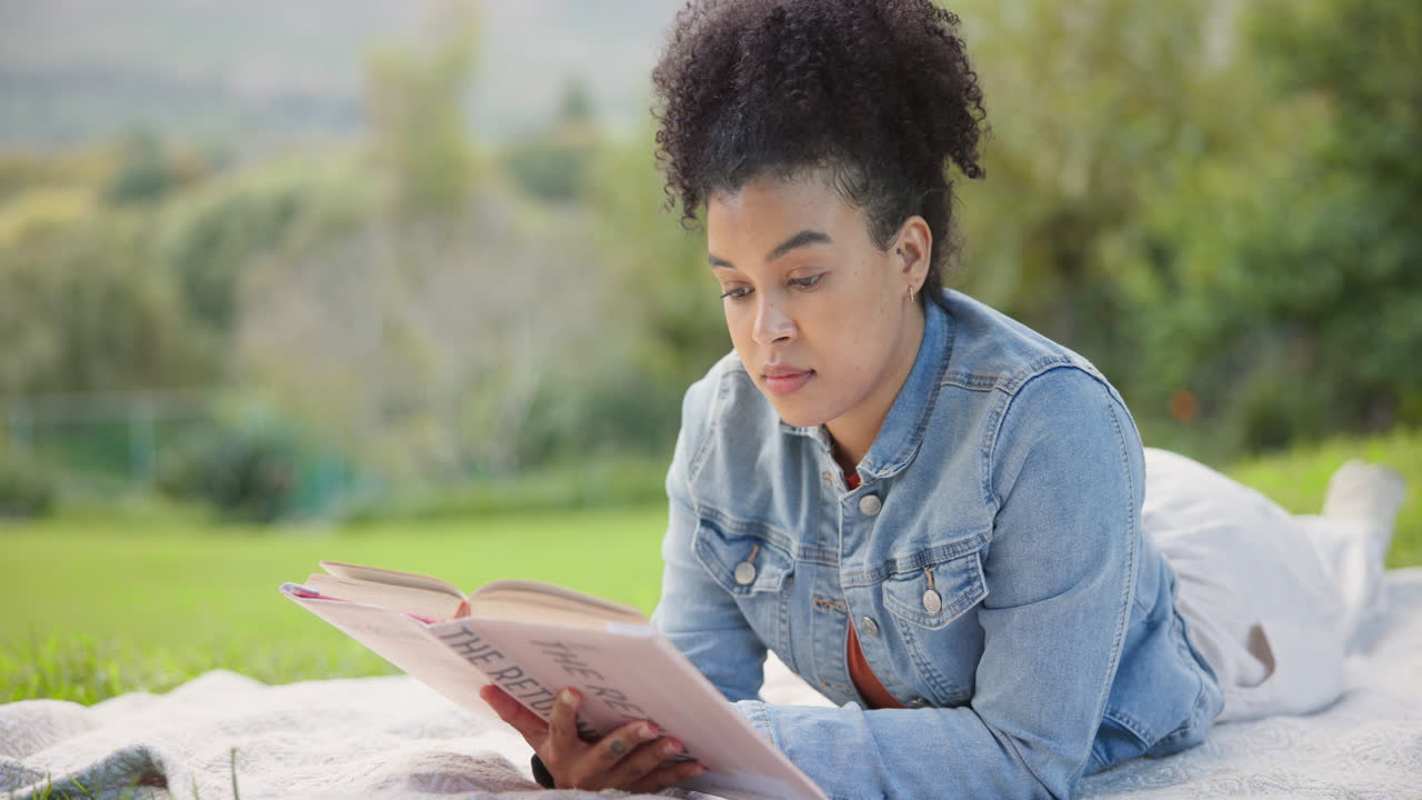 Black woman, reading and relax with a book