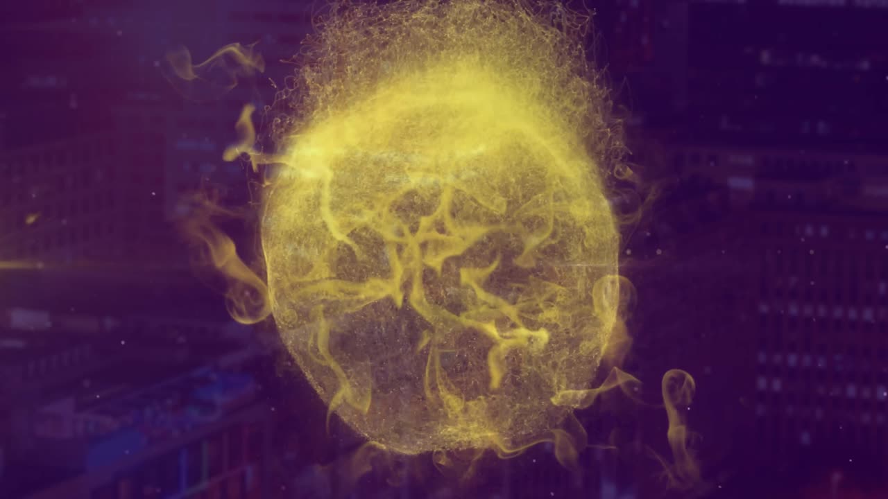 검은 바탕에 있는 텍스트 위에 회전하는 뇌의 애니메이션