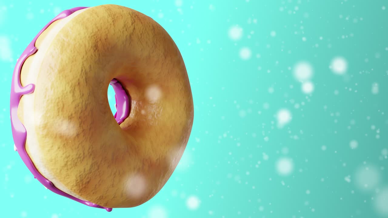 una rosquilla girando con glaseado púrpura y salpicaduras sobre fondo azul. colores pastel. panadería y concepto de comida. animación de renderizado 3d
