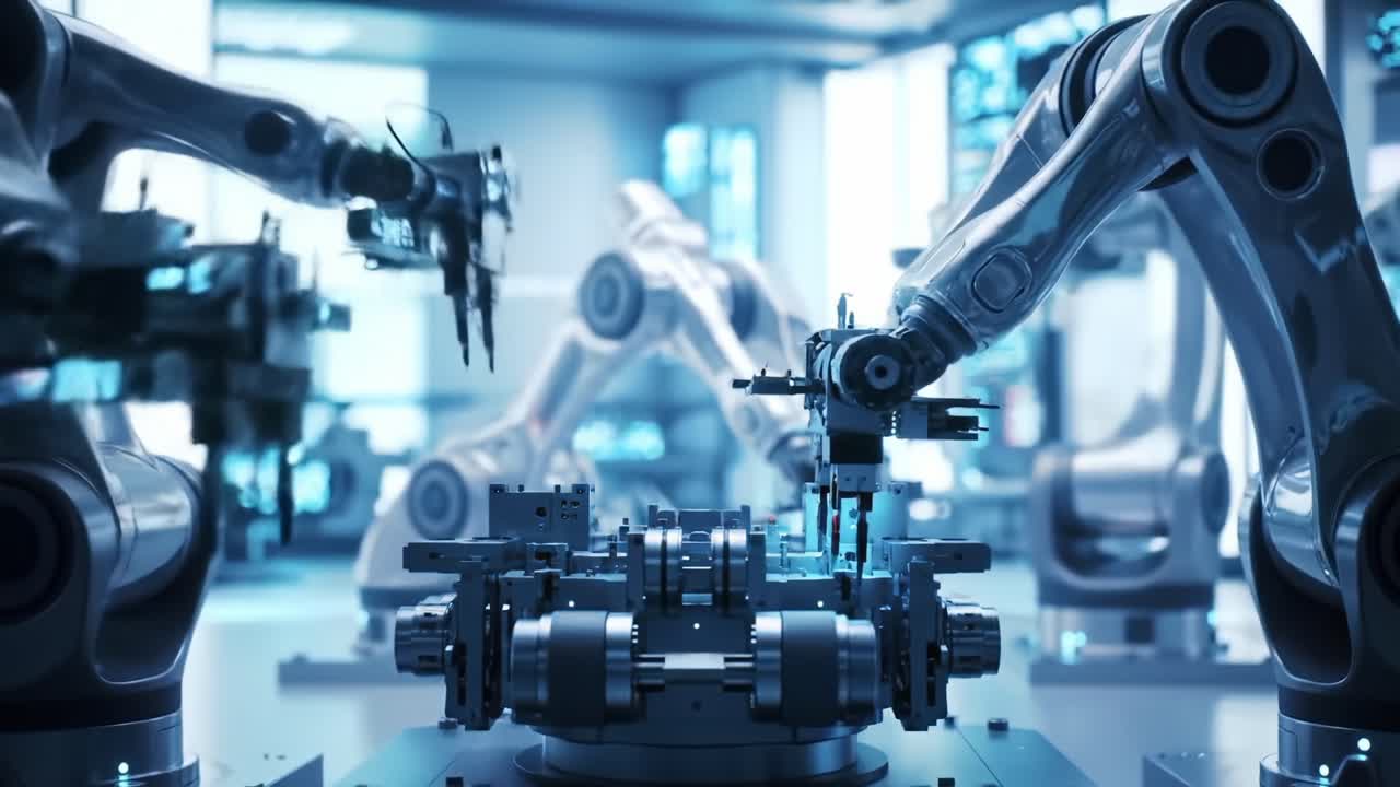 Advanced Robotic Automation in a High-Tech Manufacturing Facility: Precision Engineering at Work with Collaborative Robots Focused on Complex Machinery