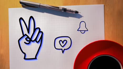 Animation-of-hand-showing-peace-sign-bell-and-a-heart-in-a-speech-bubble-drawn-on-a-piece-of-paper