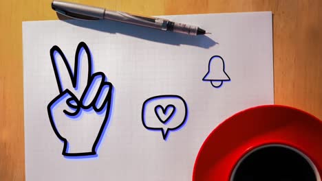 animación de la mano que muestra la campana de la señal de paz y un corazón en una burbuja de habla dibujada en una hoja de papel