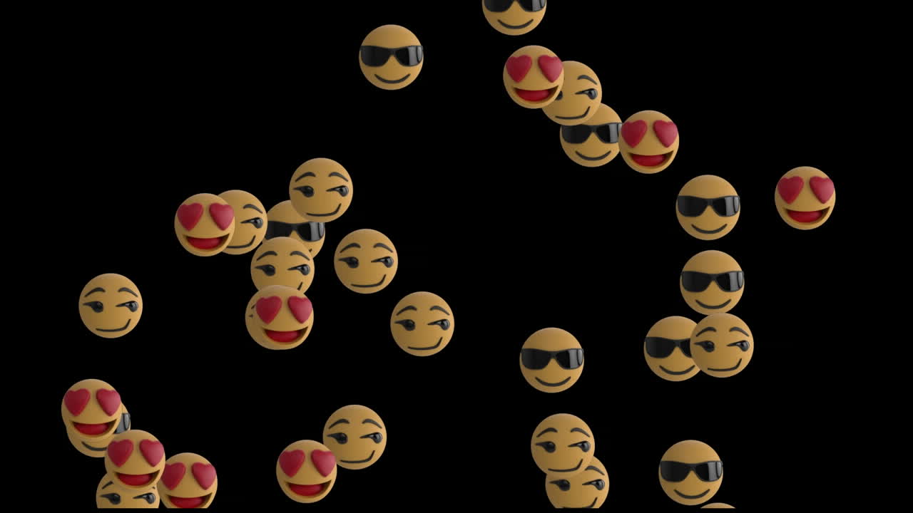 Animation of social media emoji sunglasses and hearts icons on black background