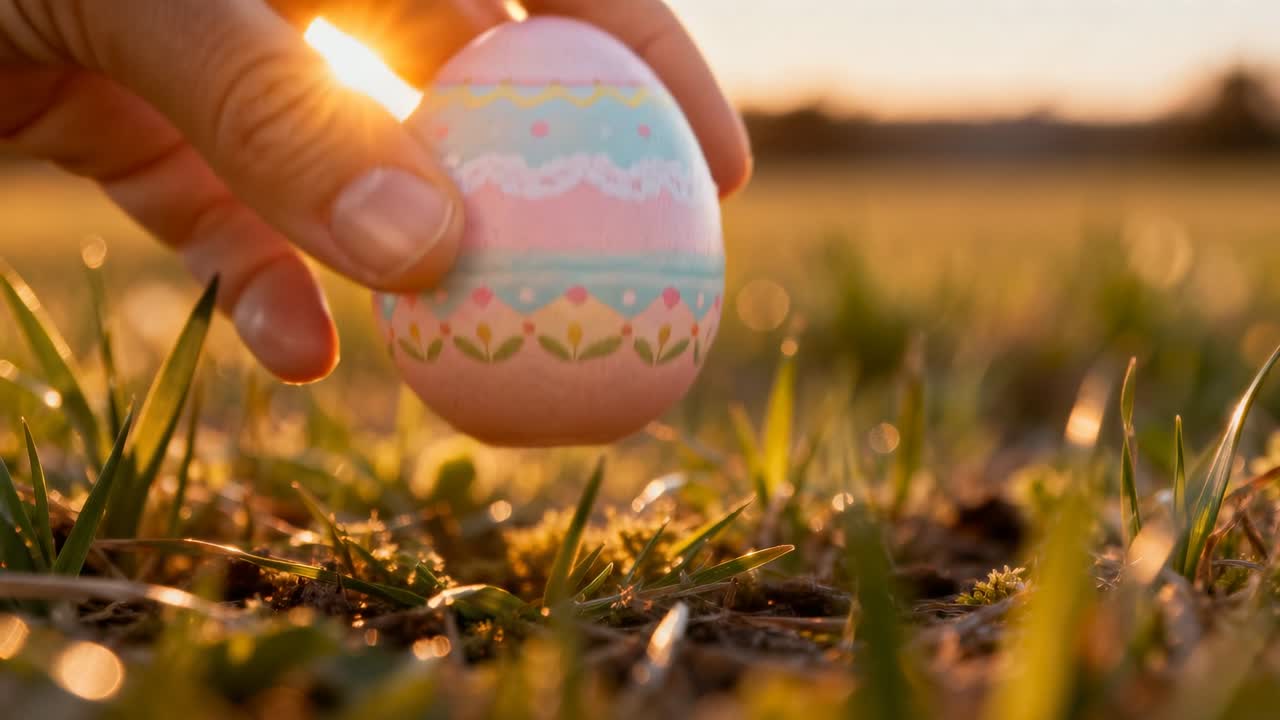 Mano che si estende afferra e solleva un uovo pastello nell'erba bassa, ruotandolo e mostrando il motivo e il bagliore del sole.