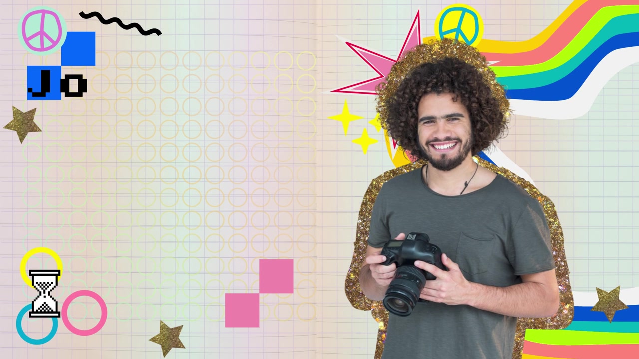 Modello di motion graphics dinamico in stile retrò con persone e fotocamera