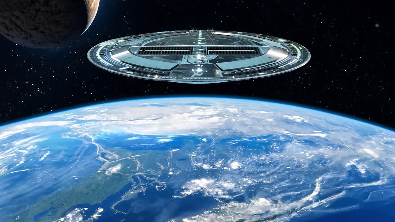 Advanced space station hovers over earth's atmosphere with a distant planet in the background. A stunning depiction of extraterrestrial technology