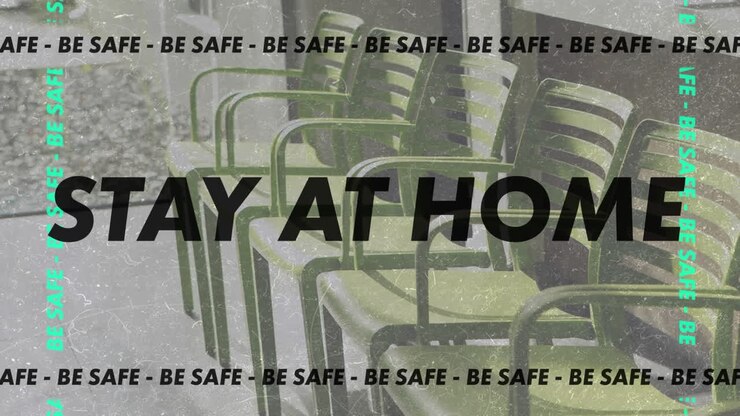Animation of words Stay At Home and Be safe with a terrace in background