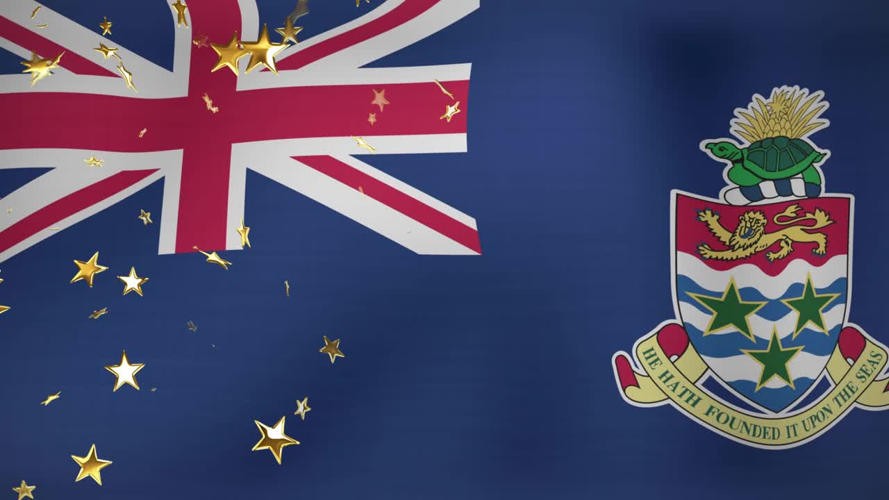 Blue flag rippling while gold stars entering from left, clustering then dispersing, revealing crest