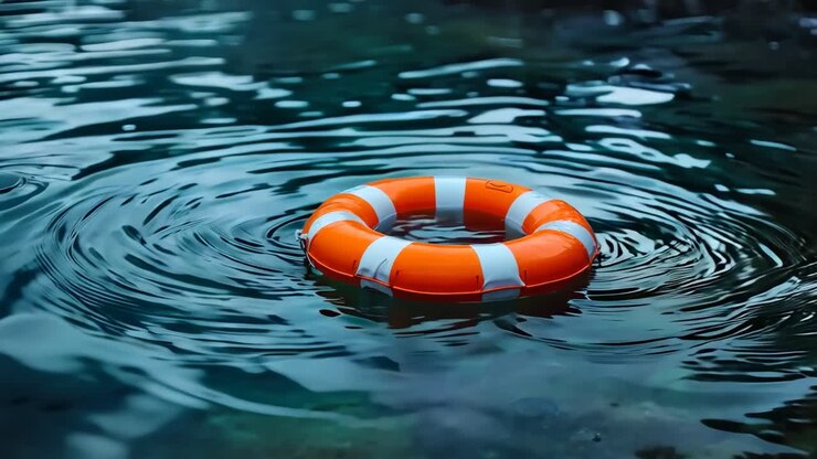A life preserver floating in the water on a sunny day