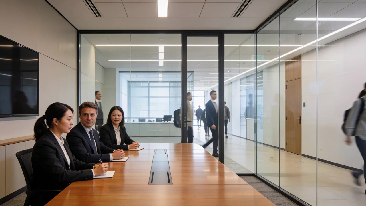 Writing three staff in suits preparing for meeting as people enter from right, notepad, copy space
