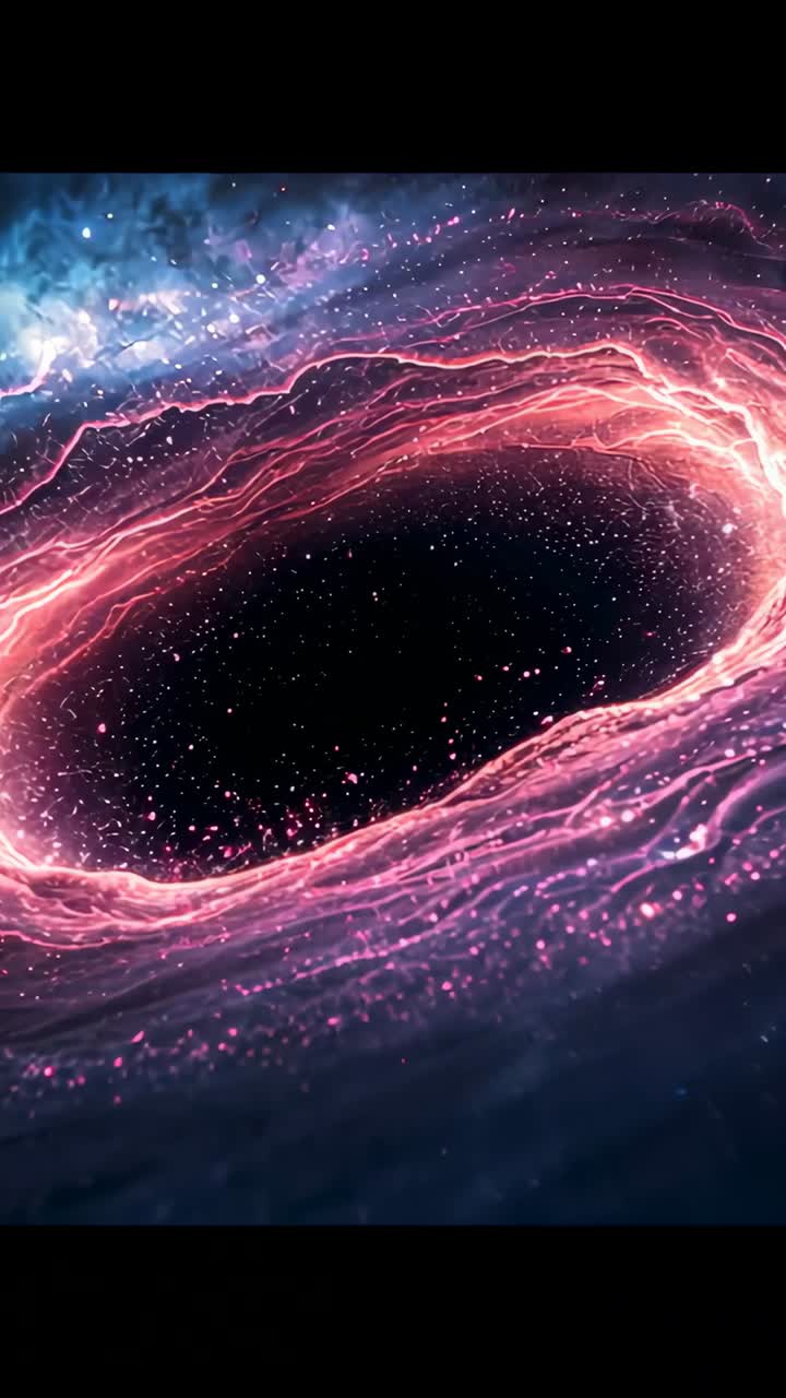 Vertical video: Pulsing ring pulling pink threads inward as camera nudging, showing void in space