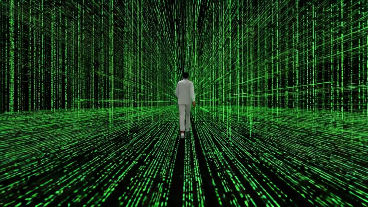 Exploring the Depths of a Futuristic Digital Realm, A Figure in White Moves Alone Through a Matrix of Vibrant Green Code, Symbolizing the Intersection of Humanity and Technology as Binary Data Flows Around