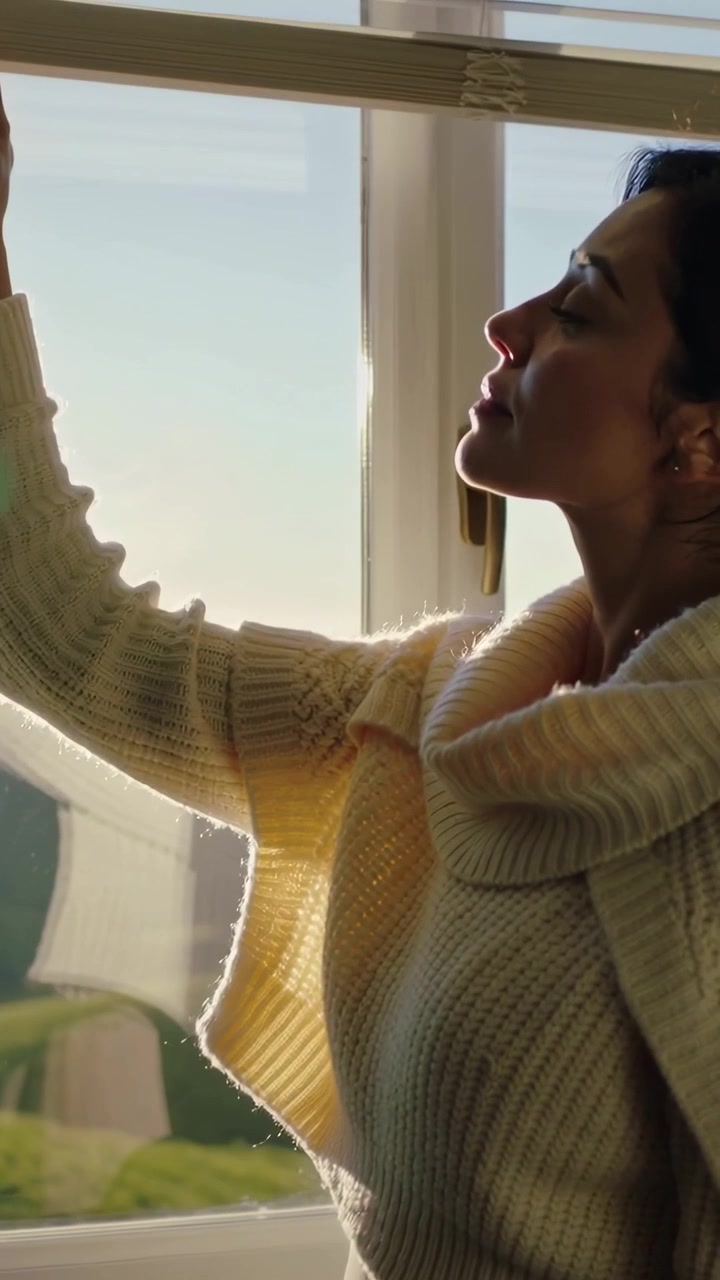 Video verticale: Donna con maglione color crema che regola le persiane alla finestra per la luce del sole, con spazio per il testo.
