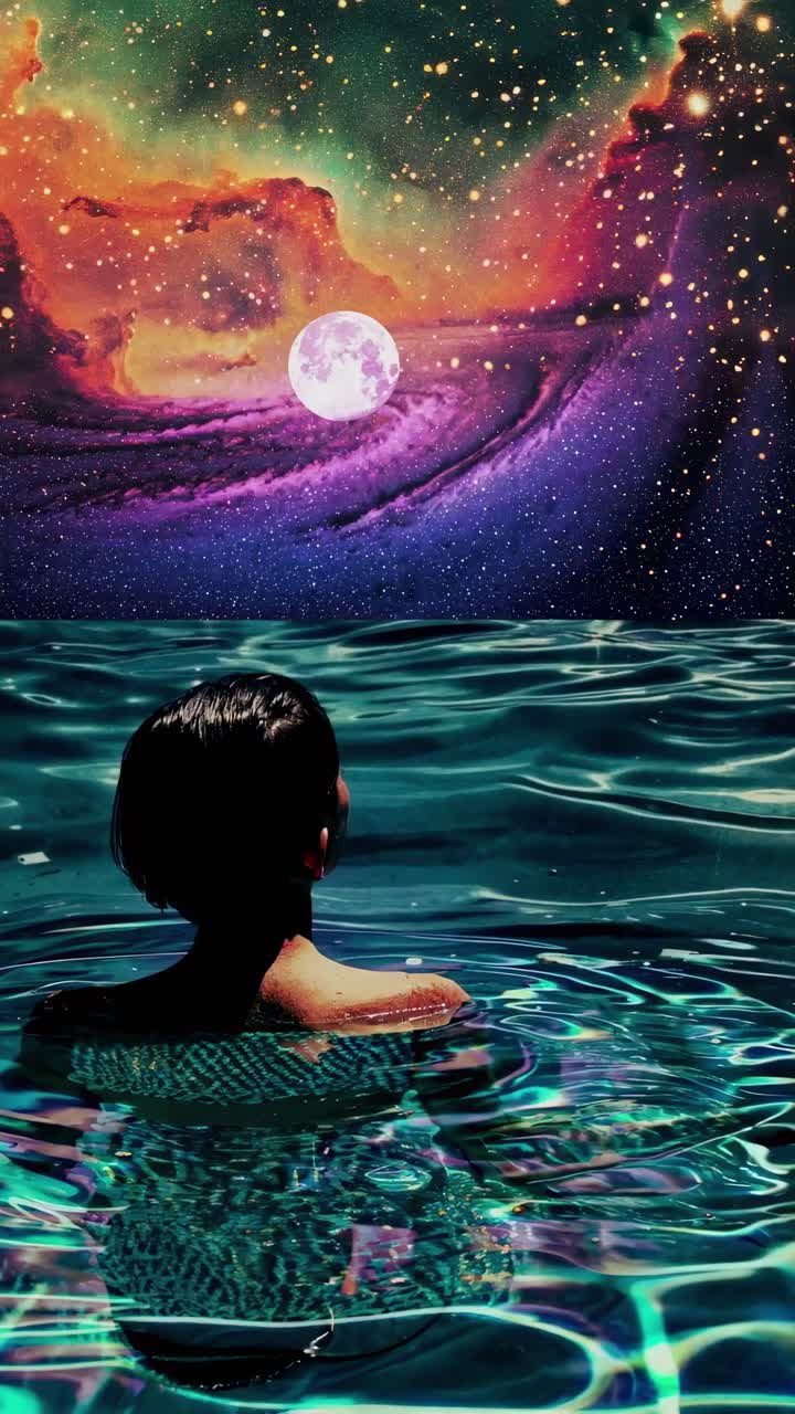 Video surreale di una persona immersa nell'acqua che ammira un cielo cosmico