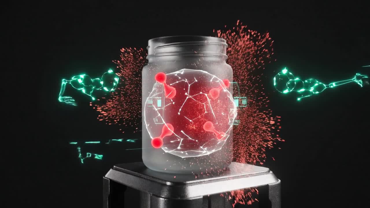 Starting metal projector projecting hologram in frosted jar in studio for analysis, with red sparks