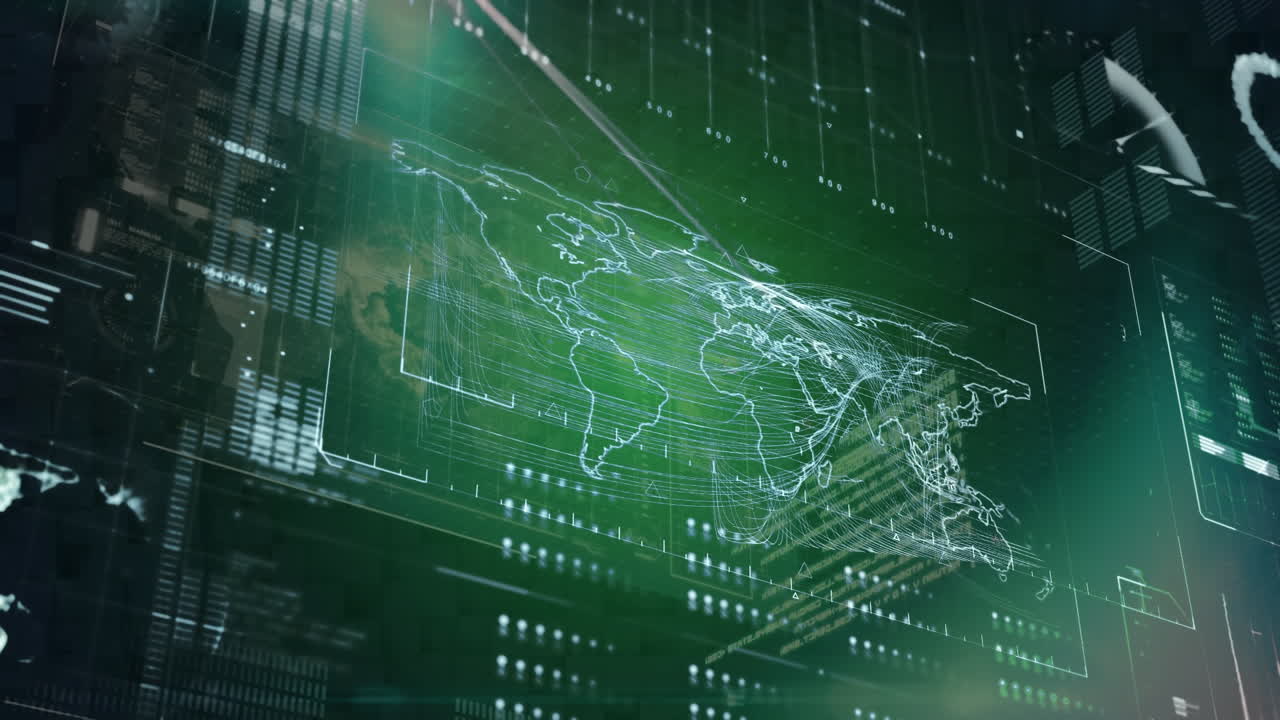 Animation of data processing over world map on green digital screen