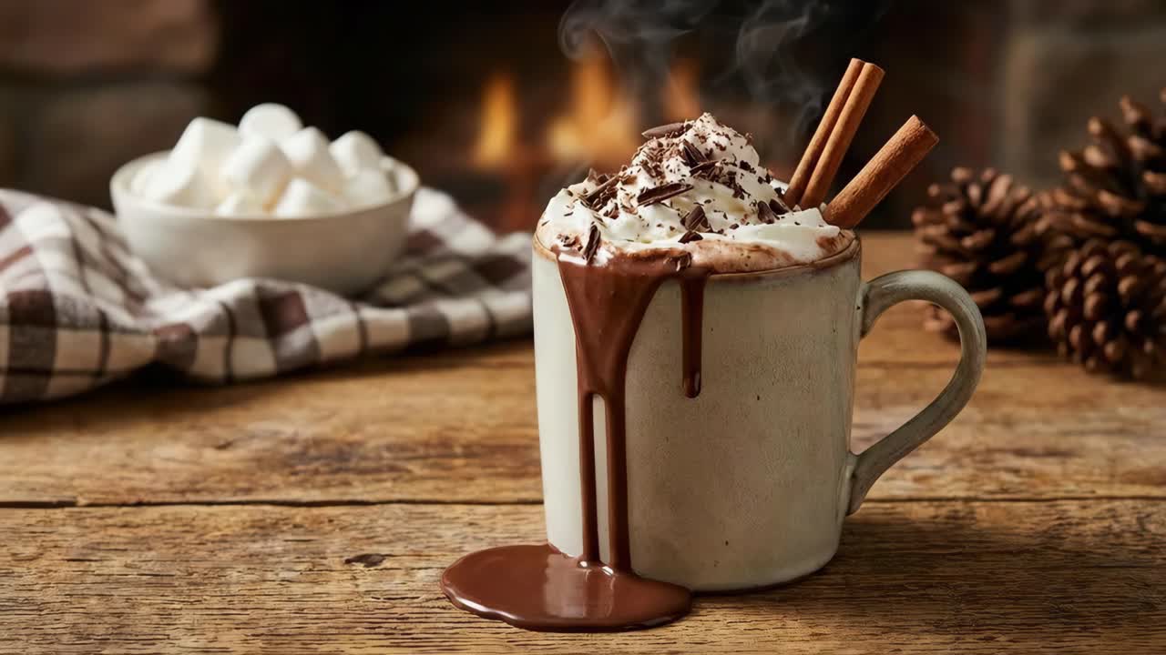 Chocolate caliente con marshmallows y canela junto a la chimenea