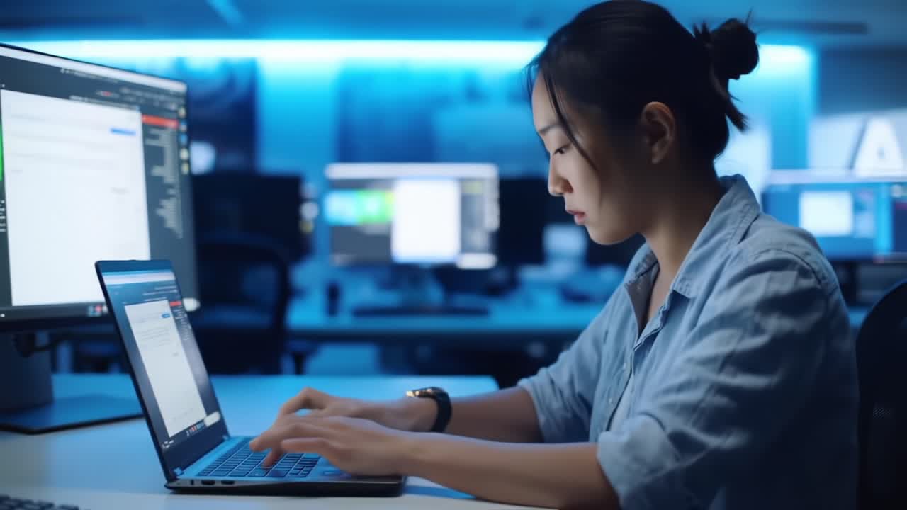 Focused on Coding: A Young Woman Engaged in Programming at Night, Surrounded by Computer Screens in a Dimly Lit Workspace