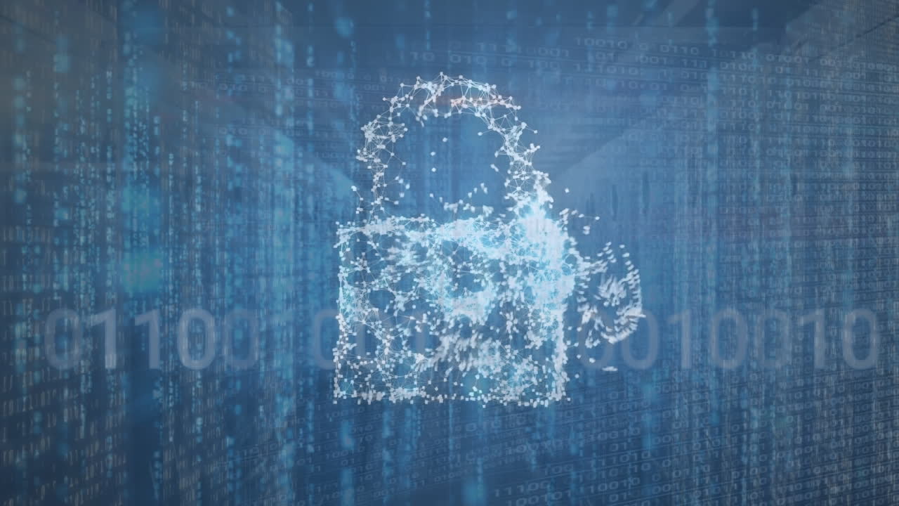 animación de iconos de nube y candado con procesamiento de datos en la sala del servidor.