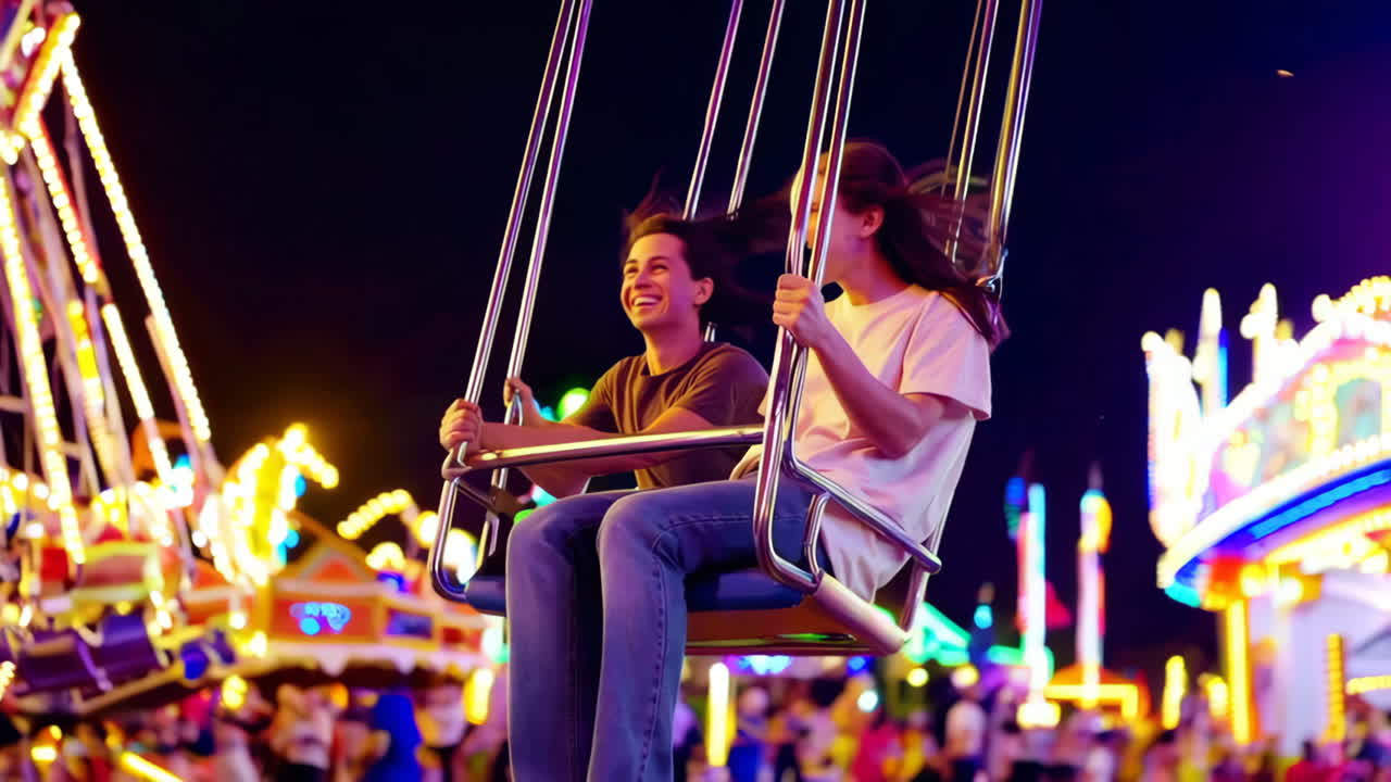 Two young women enjoying a swing ride at a vibrant amusement park at night
