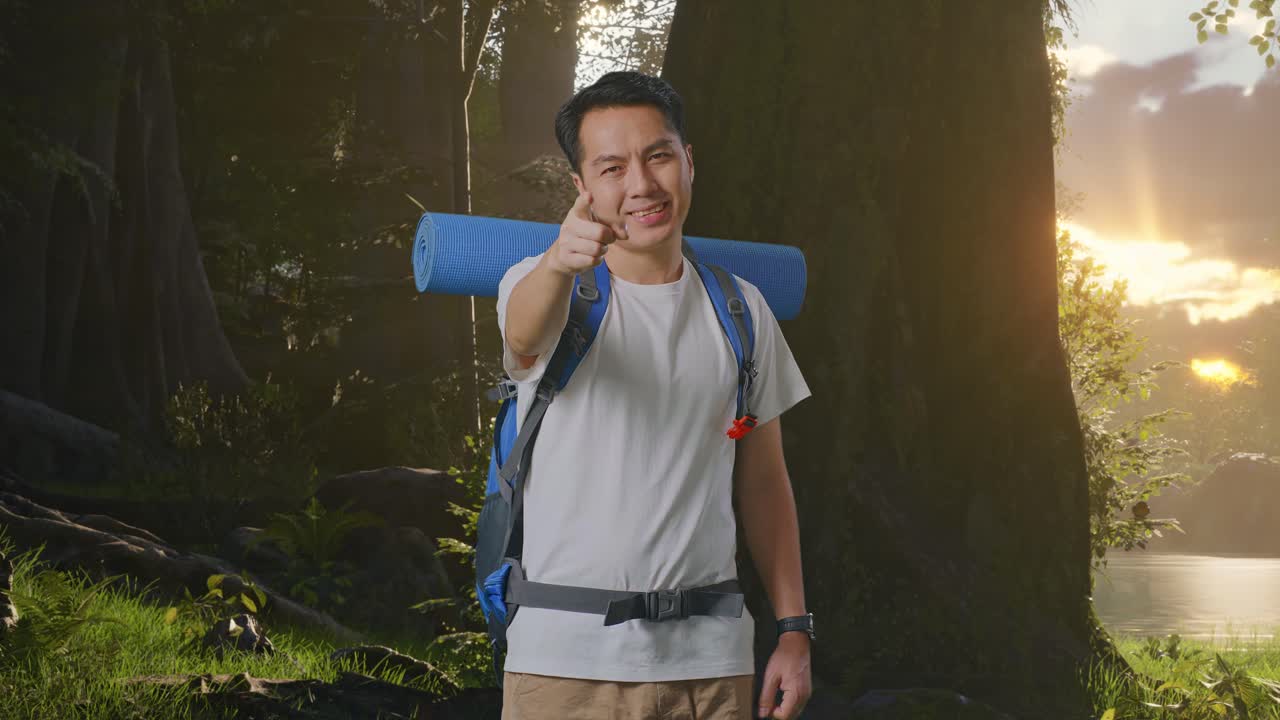 산악 배 을 들고 있는 아시아인 남자 산책자 가 웃고, 가 을 만지며, 숲 의 자연 을 탐험 하는 동안 카메라 를 가리키고 있다