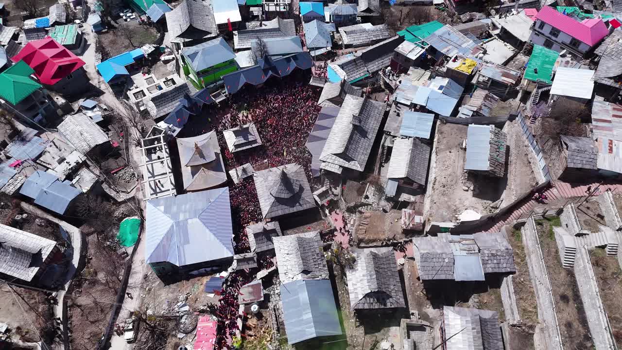 Aerial View of a Holi Celebration in a Mountain Village