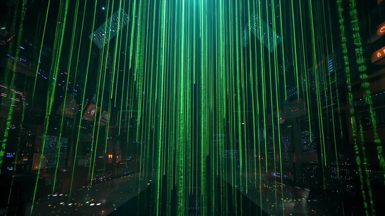 Streaming cascading green code starting digital rain among server racks, showing data processing