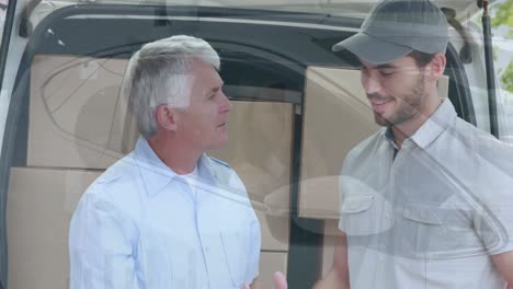 animation of financial graphs over happy caucasian male courier delivering package to senior man