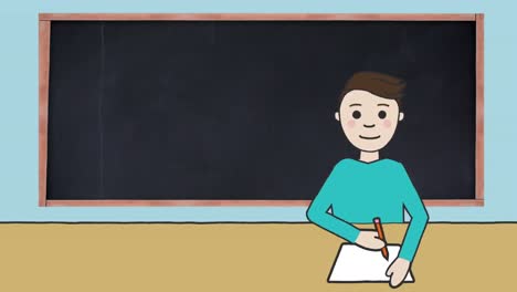 Animation-of-white-statistics-on-blackboard-and-schoolboy-writing-on-blue-background