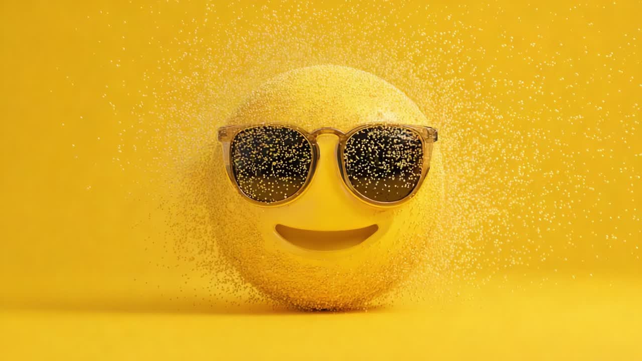 Una faccina gialla sorridente, vivace e allegra, che indossa eleganti occhiali da sole, circondata da una dinamica dispersione di particelle, che incarna felicità e divertimento in un'atmosfera giocosa ed energica