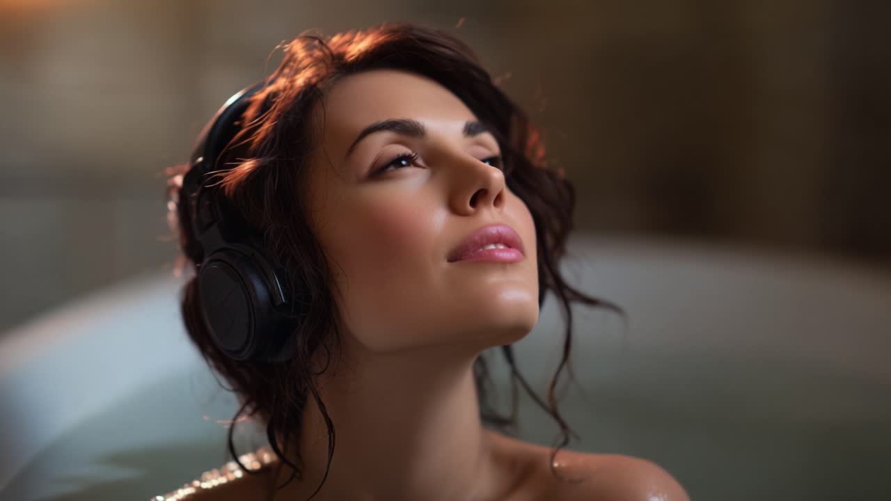 A serene moment of relaxation as a woman enjoys soothing music while submerged in a tranquil bath, creating a perfect atmosphere for self-care and mindfulness