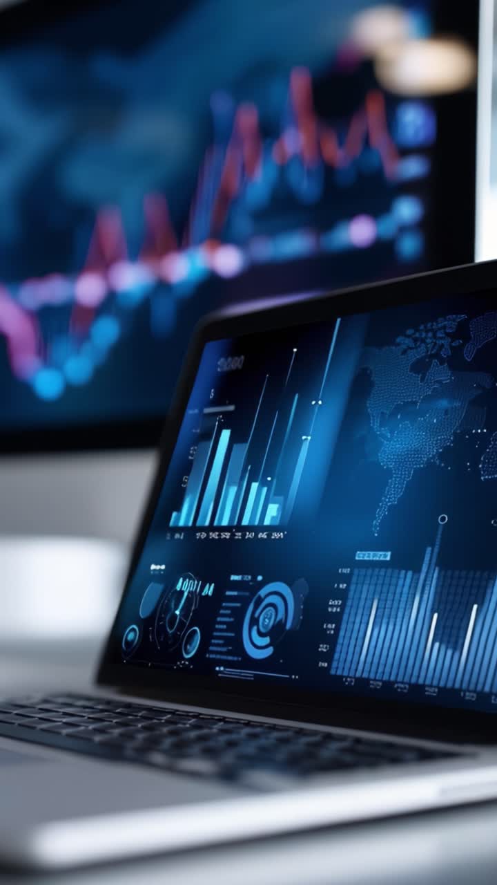 Analysis of Digital Data Trends on a Laptop Displaying Financial and Statistical Graphs Alongside an Informative Background Monitor