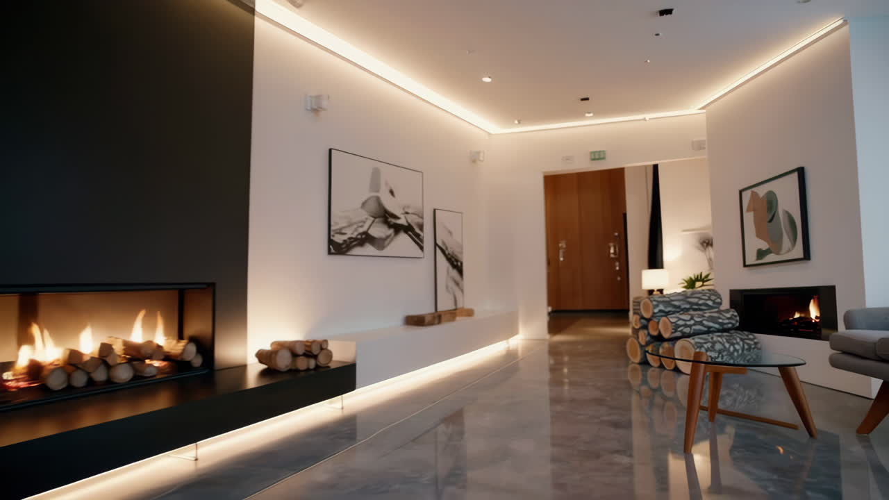 Stylish Modern Living Room with Fireplace and Decorative Logs