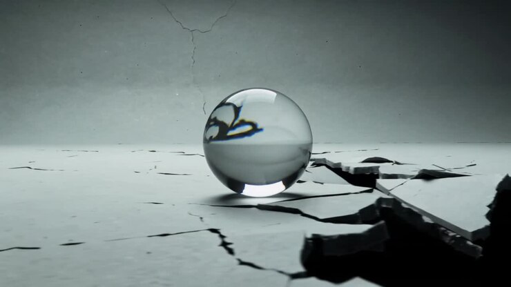 Sliding glass sphere showing internal band, moving right on studio set as fissures widening below
