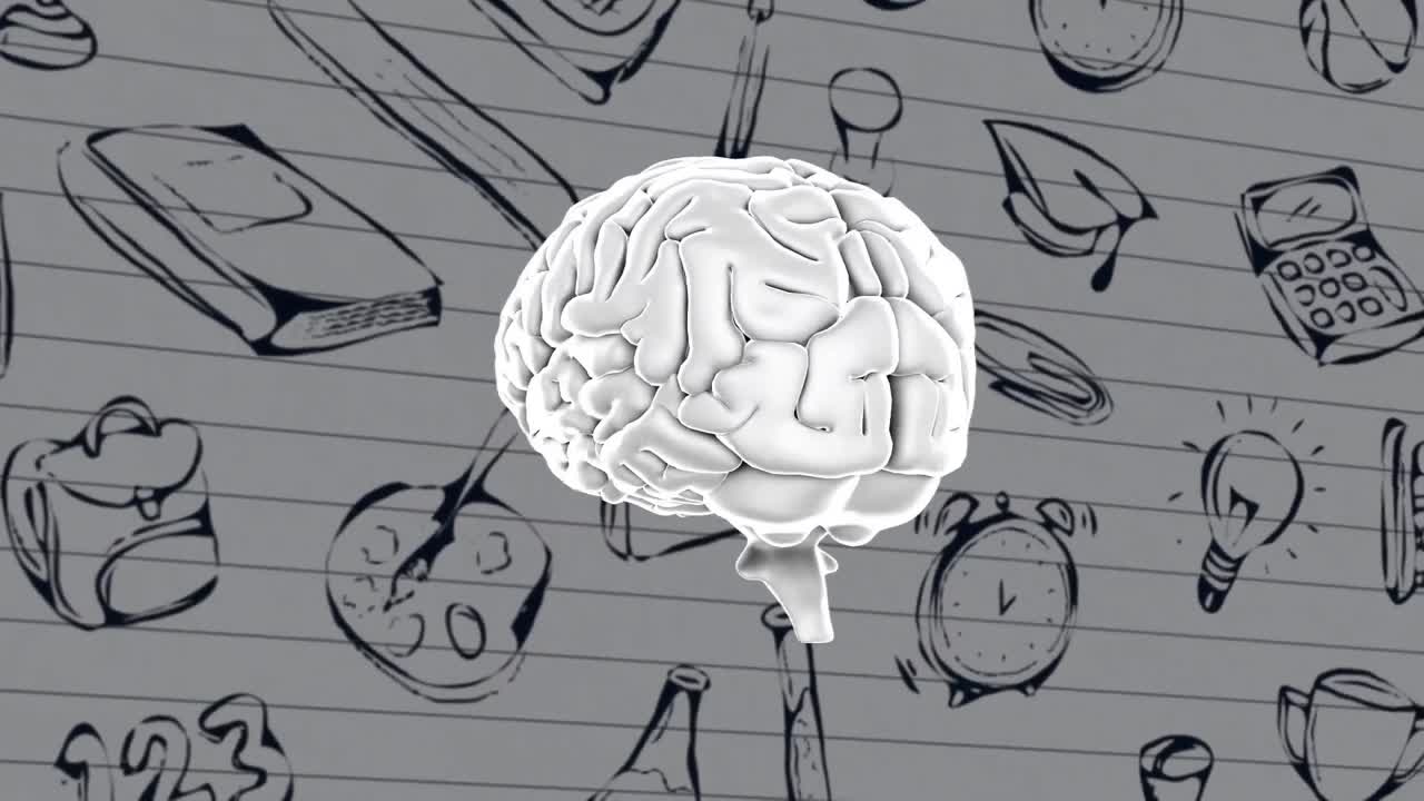 Brain spinning against school concept icons on white lined paper