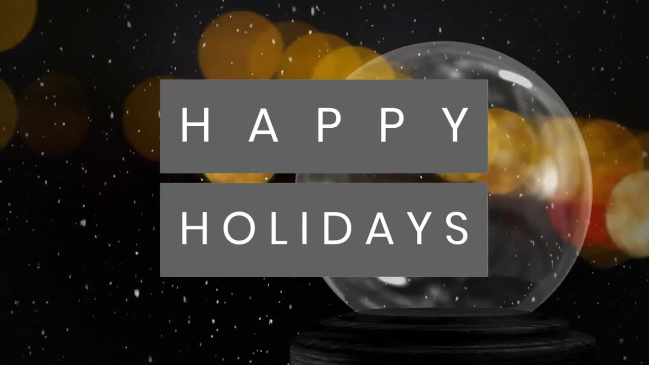 눈과 밝은 반점 위에 행복한 휴일 텍스트를 기원하는 애니메이션