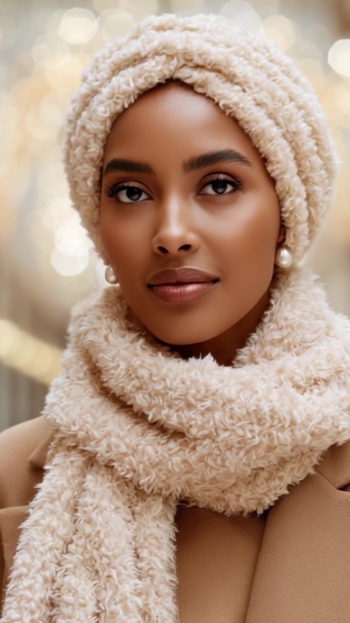 Una donna sofisticata si avvolge in una lussuosa sciarpa color crema e un foulard abbinato, irradiando eleganza e sicurezza su uno sfondo leggermente sfocato