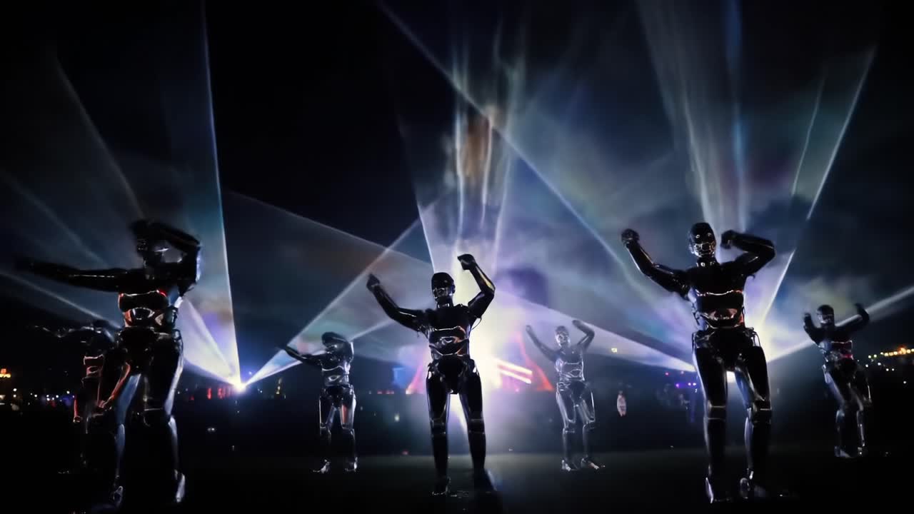Futuristic Robots Move in Synchronization Under Spectacular Light Show, Creating an Enchanting Atmosphere of Technology and Innovation at Night