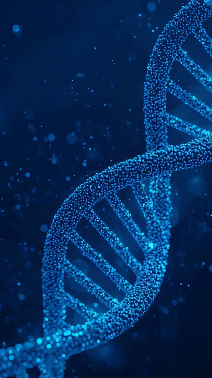 Vertical video: Pulsing light sparking DNA glowing helix rotating in blue haze, revealing rungs
