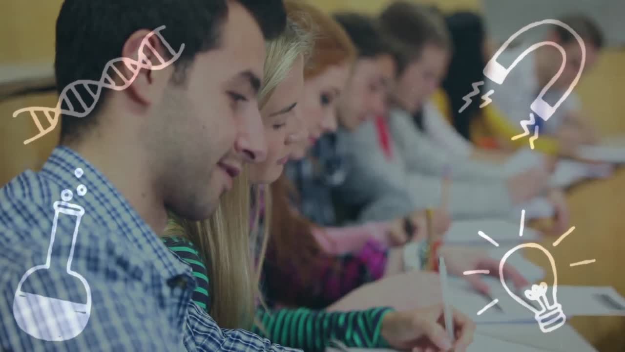 animación de iconos escolares sobre diversos estudiantes durante el examen
