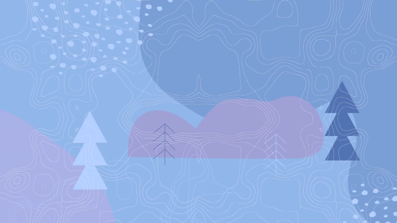 푸른 바탕에 추상적인 모양과 크리스마스 트리 아이콘 위의 지형 패턴의 애니메이션