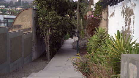 Stabilized-sliding-shot-from-right-to-left-revealing-a-paved-walkway-in-Las-Lagunas,-La-Molina,-Lima,-Peru