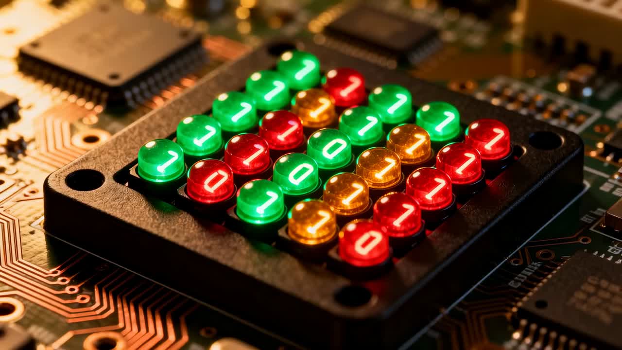 Panning camera revealing black LED module moving closer on PCB at workbench, focusing inspection