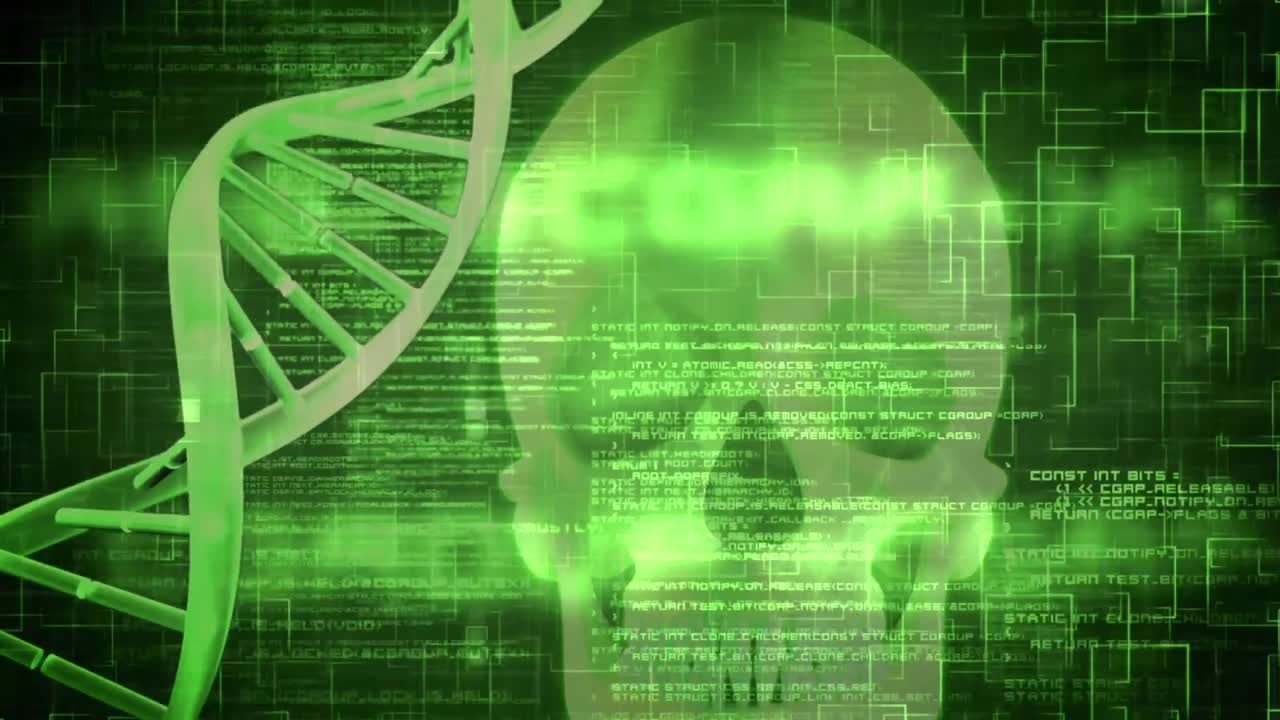 animación de 3d verde brillante cadena de adn hilado y procesamiento de datos sobre el cráneo humano