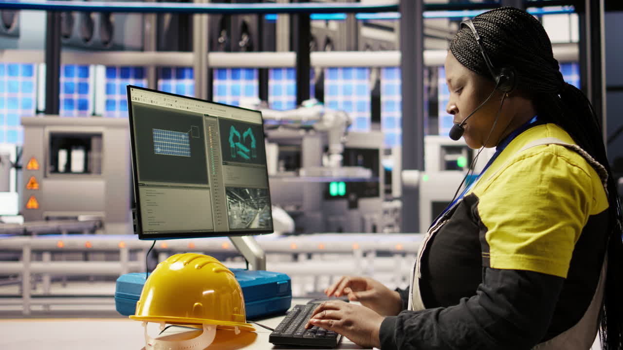 Vertical video Call center agent in smart factory using headset to assist with maintenance