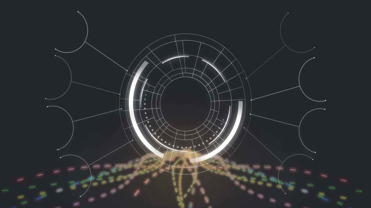 Fading concentric interface starting, expanding grid arcs pulsing data dots rotating ending cycle