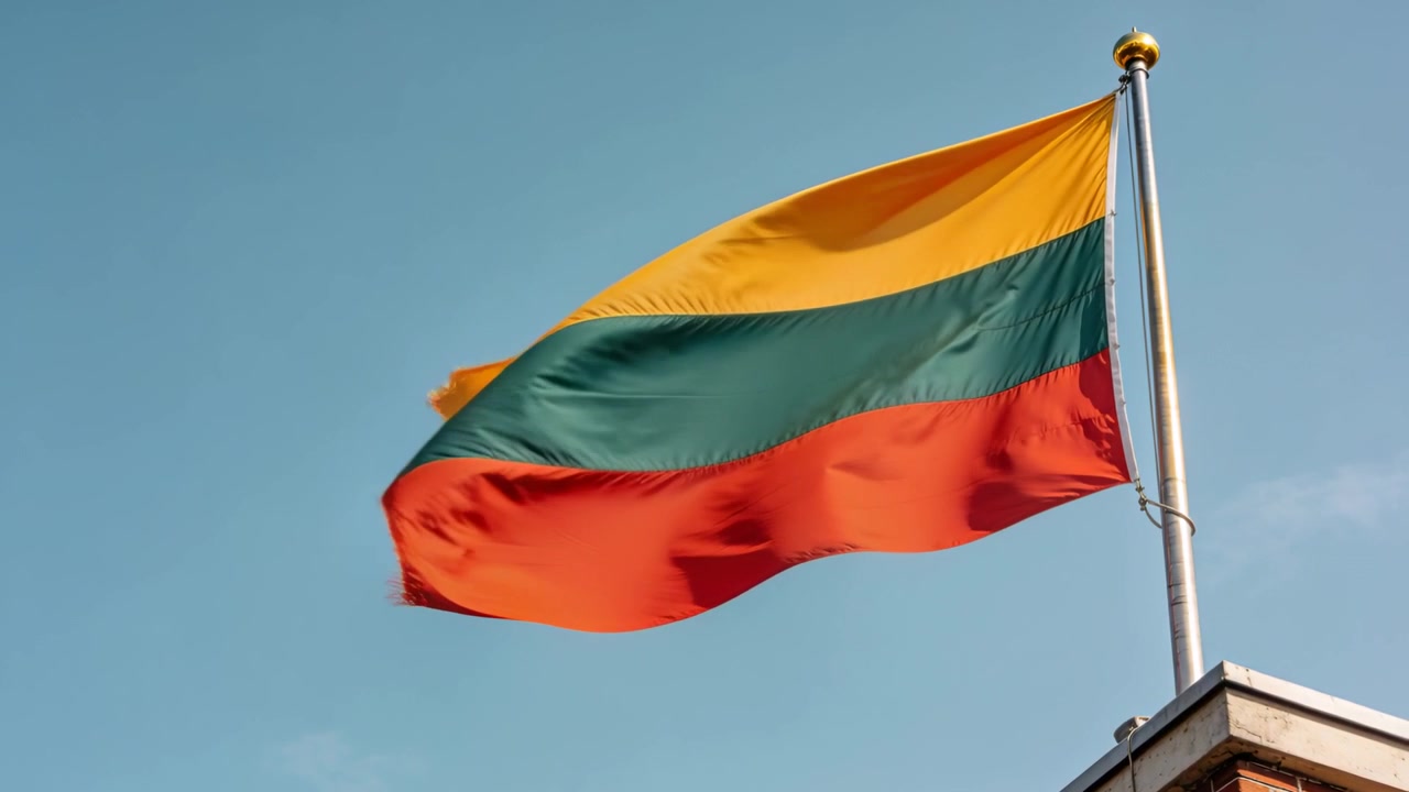 Blafrende trefarvet flag i gul, grøn og rød, der vajer på en tagparapetstang, bølgende i brisen.